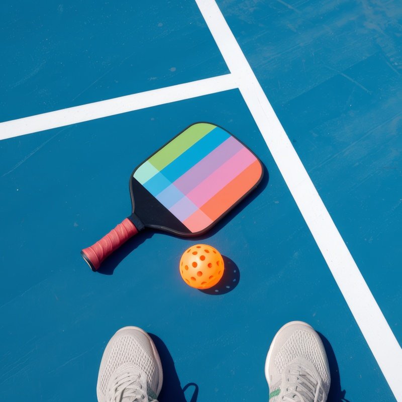 Colorful pickleball paddle and orange ball on a blue court with a player's shoes visible.