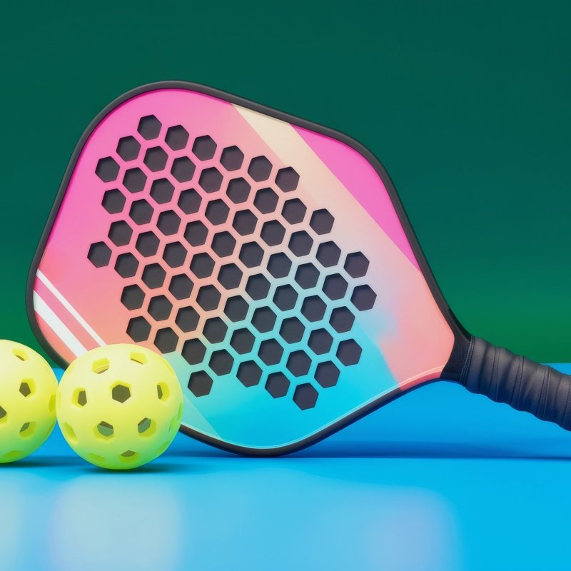 Vibrant pickleball paddle with a hexagonal design next to two yellow balls on a colorful background.