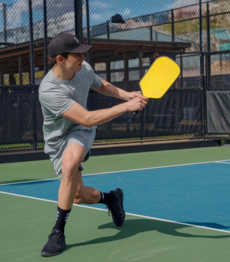 Competitive pickleball gameplay with a bright yellow paddle Male player in action with a yellow pickleball paddle on an outdoor court