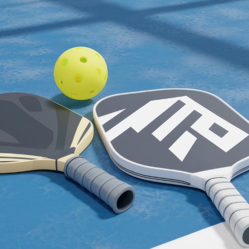 Pickleball paddles and ball Pickleball paddles with a yellow ball on a blue court