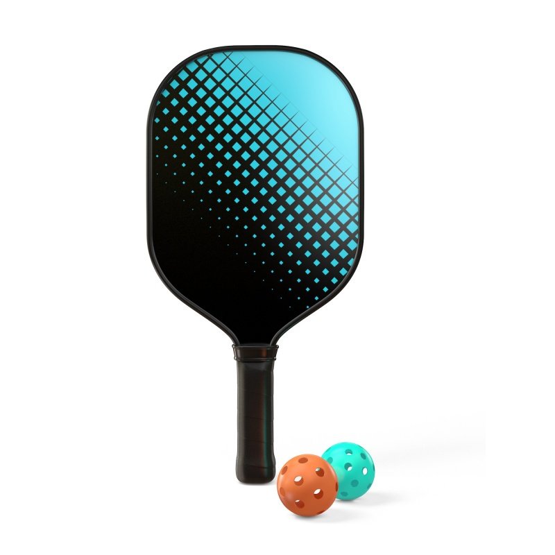 Stylish pickleball paddle and balls for professional play Pickleball paddle with blue gradient design and two balls in orange and turquoise