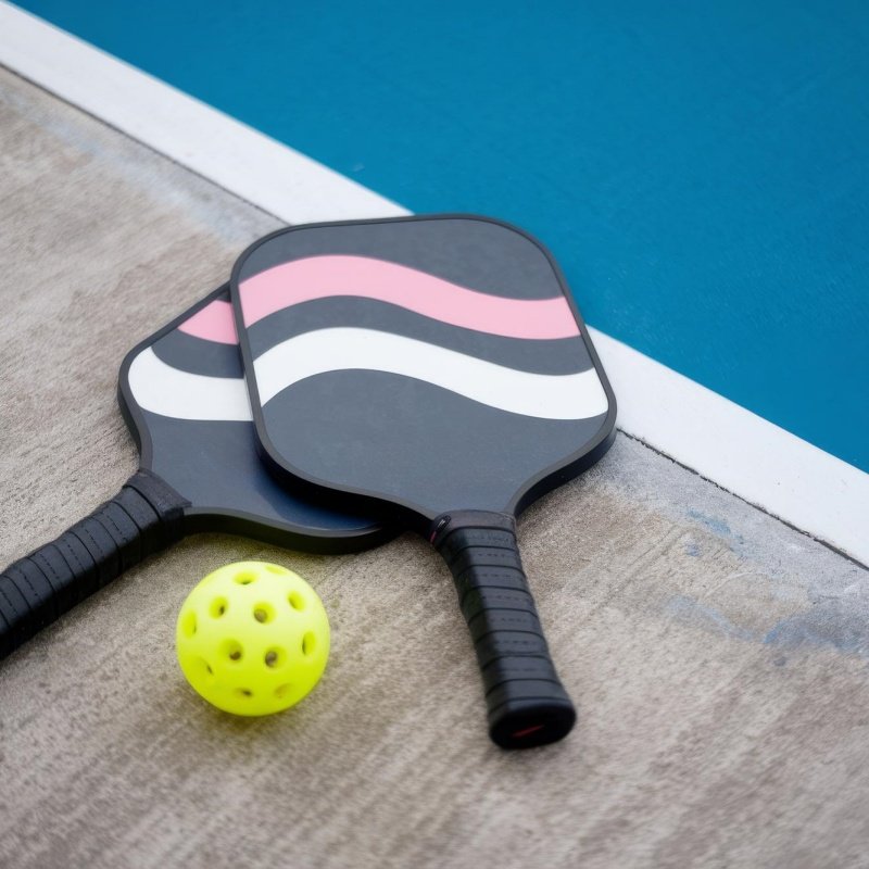 Stylish pickleball paddles and ball on a court Two pickleball paddles with wavy pink and white designs next to a neon yellow ball