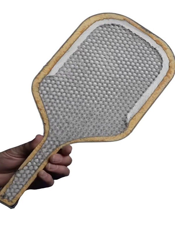 Pickleball paddle cross-section revealing honeycomb core and design layers Hand holding a pickleball paddle cross-section displaying its honeycomb core and structure.