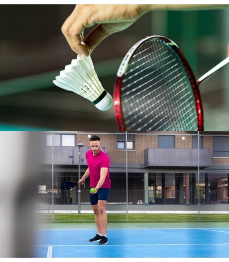 Badminton shuttlecock and a man playing pickleball on a blue court