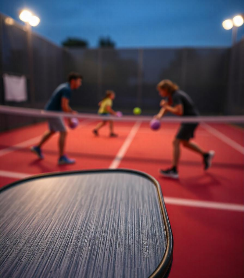 Close-up of a pickleball paddle with players in the background on a lit court at night