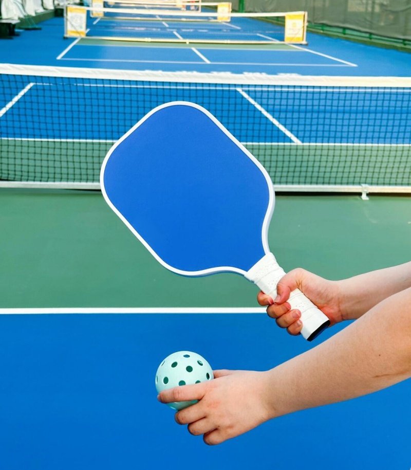 Pickleball paddle and ball in action Person holding a blue pickleball paddle and a ball on a court