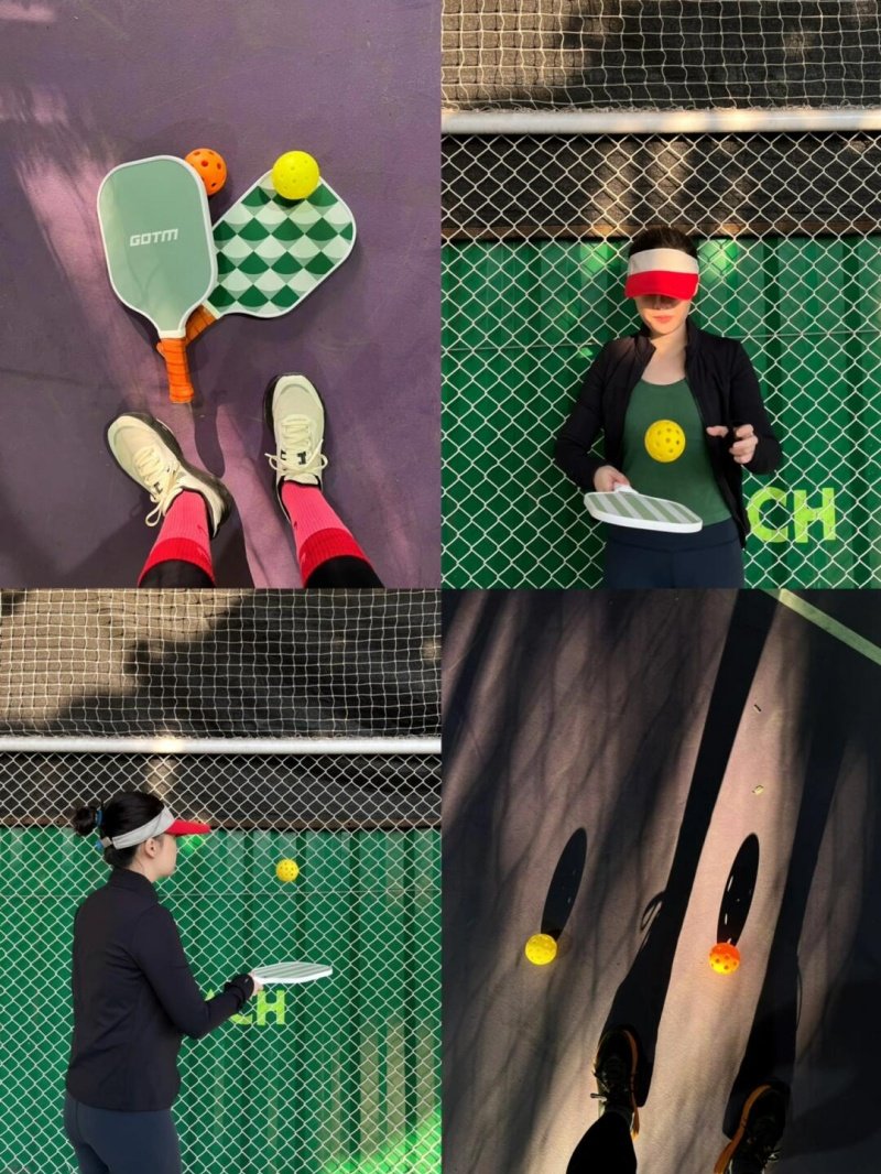 Pickleball Training Moments Collage of pickleball gear, solo practice, and creative shadows on the court