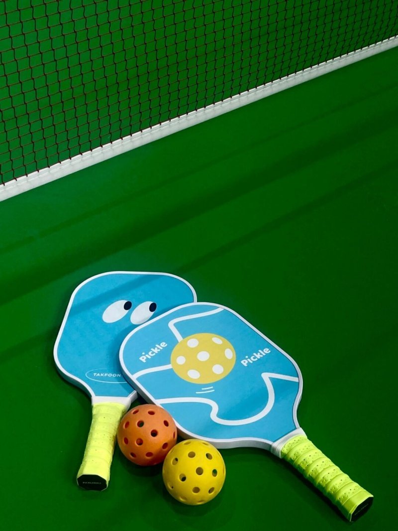 Pickleball paddles and balls Two blue pickleball paddles with cartoon designs and three balls on a green court