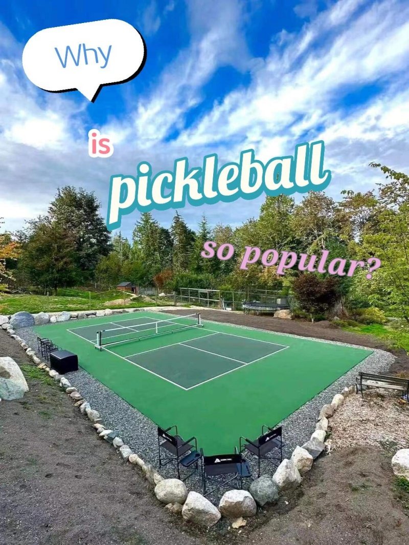 Why Pickleball is Popular Scenic outdoor pickleball court with text overlay asking why the sport is popular