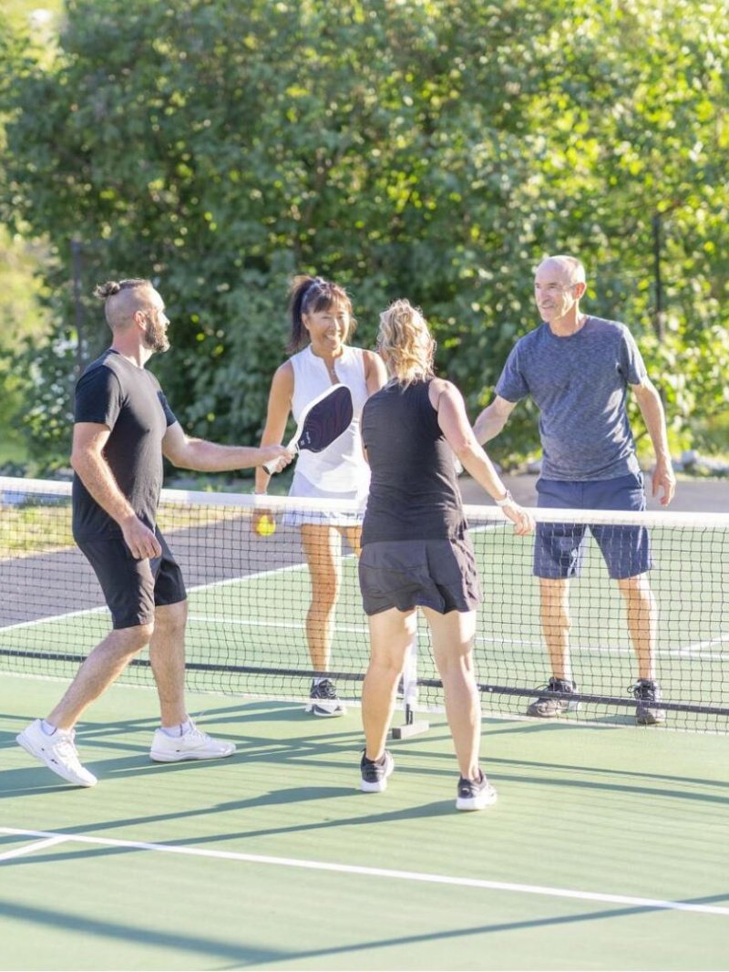 Friendly Pickleball Match Four pickleball players shaking hands at net on sunny outdoor court