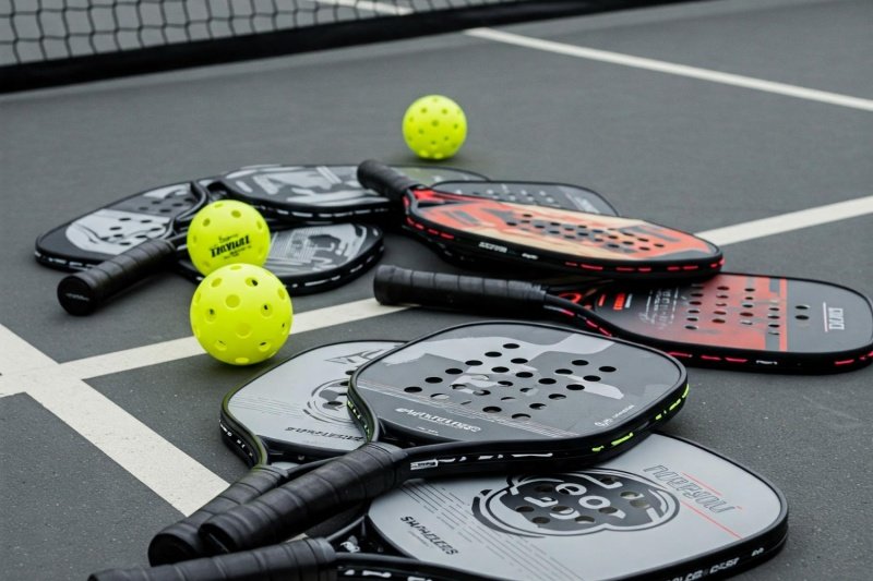 Pickleball gear setup Pickleball paddles and balls on court