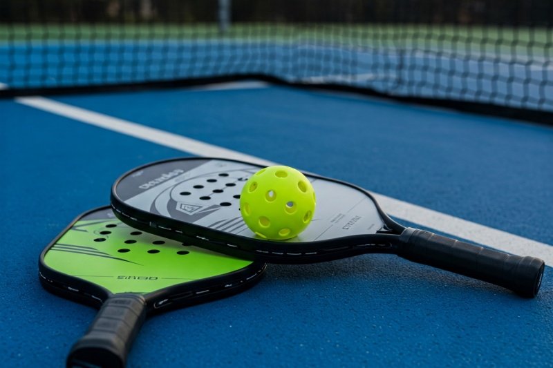 Pickleball paddles setup Pickleball paddles and ball on blue court
