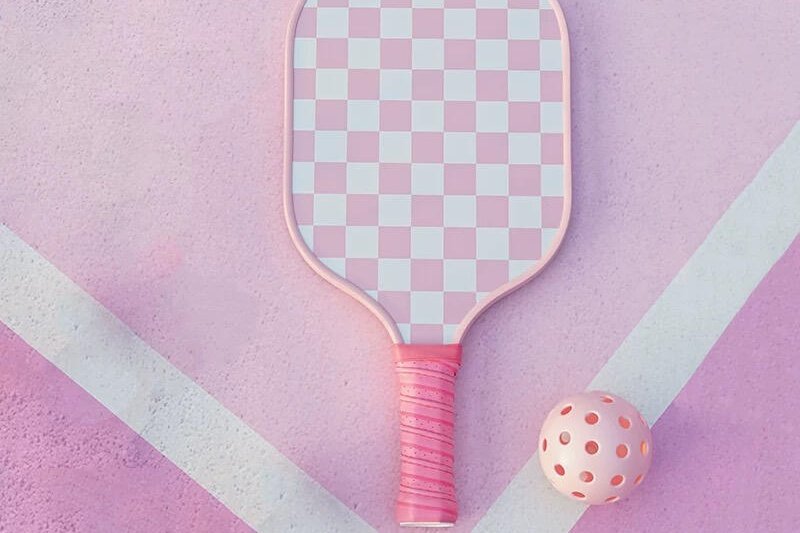 Pink Paddle and Ball Pink checkerboard pickleball paddle and ball on pastel court