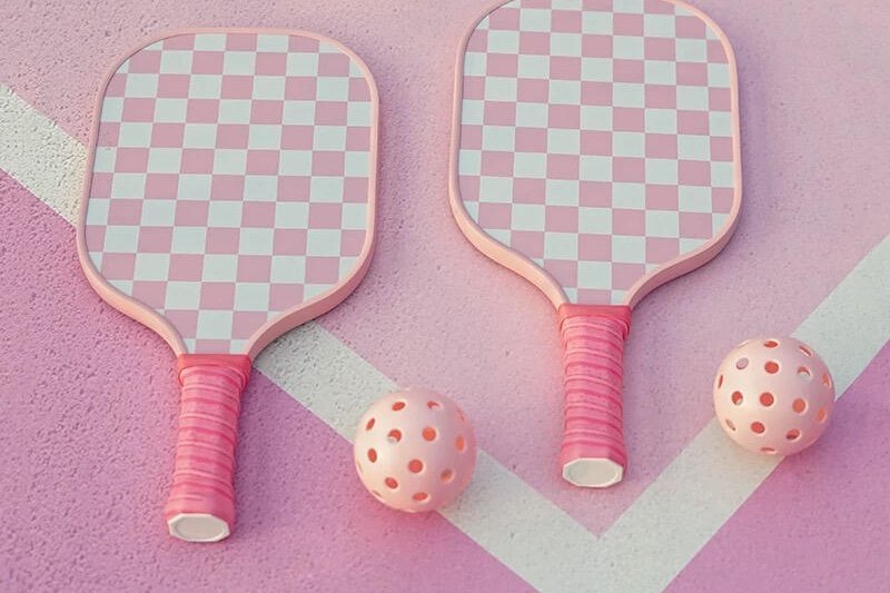 Pink Paddles Set Two pink checkerboard pickleball paddles with balls on pastel court