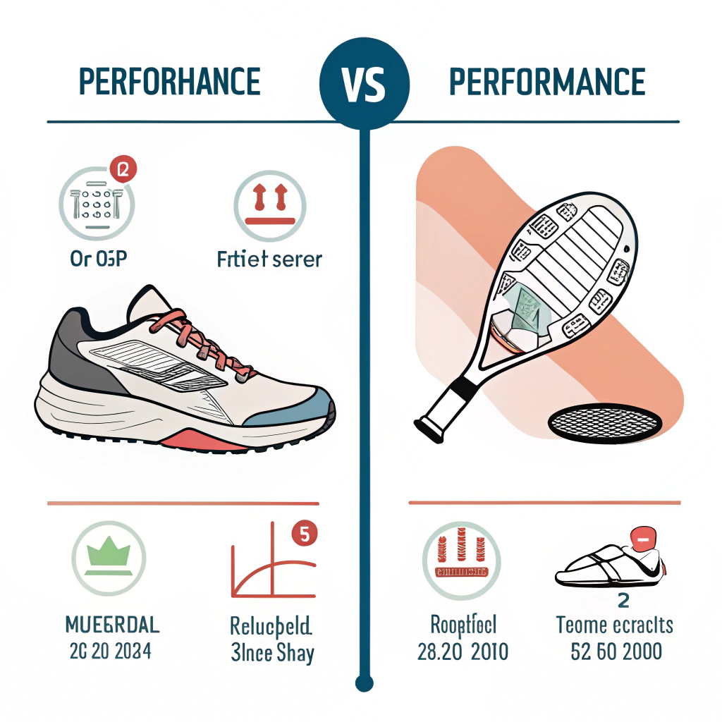 Minimalist side-by-side illustration comparing key performance features of running and pickleball court shoes.