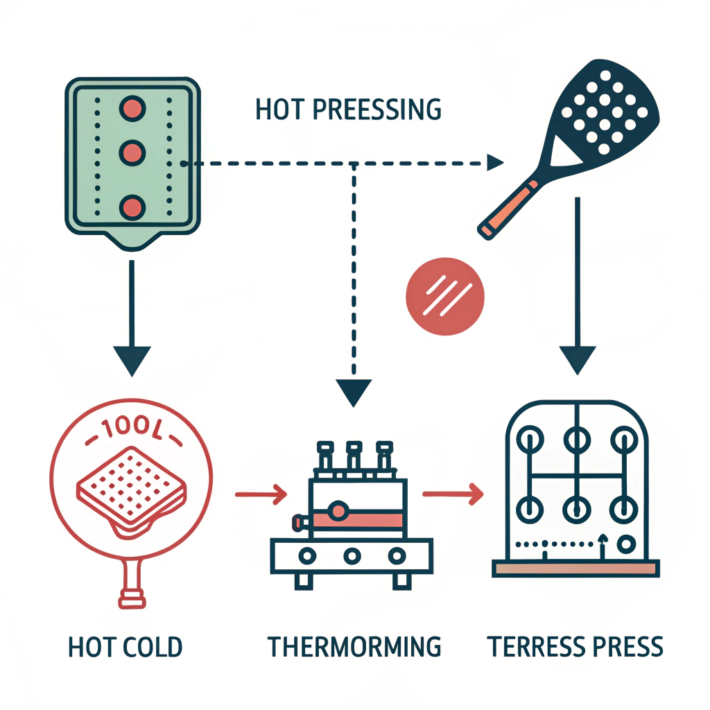 Minimalist illustration of three-stage pickleball paddle production process.