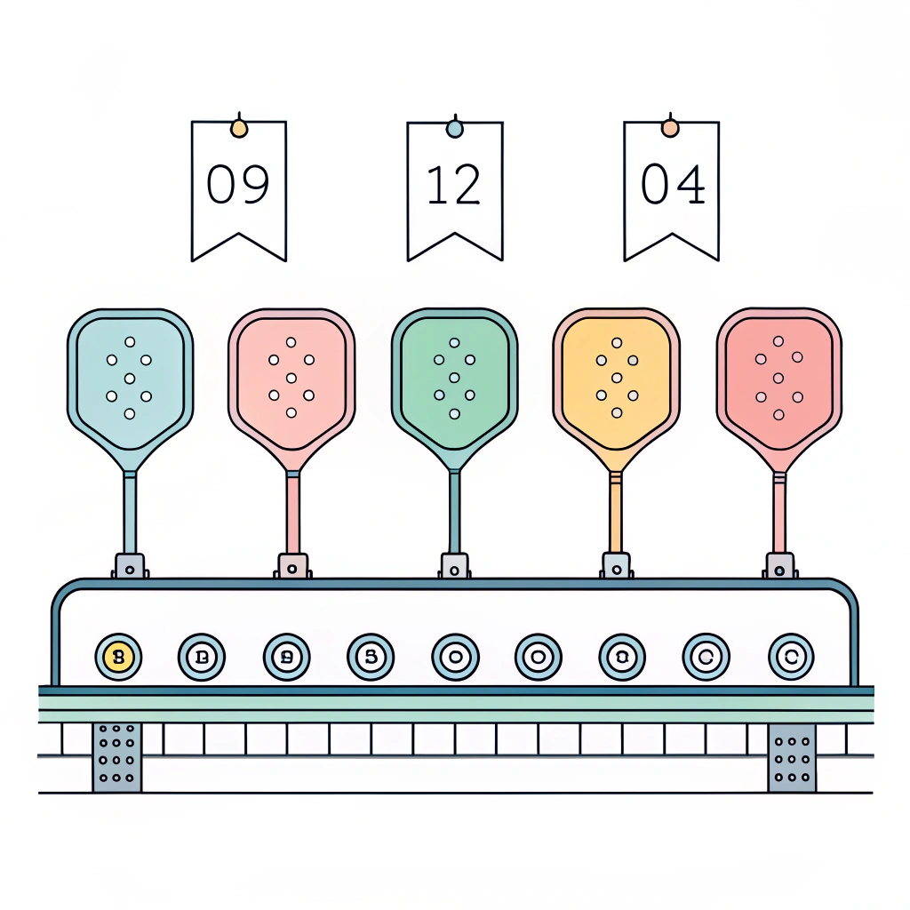 Minimal 2D illustration of an assembly line with customizable pickleball paddles.