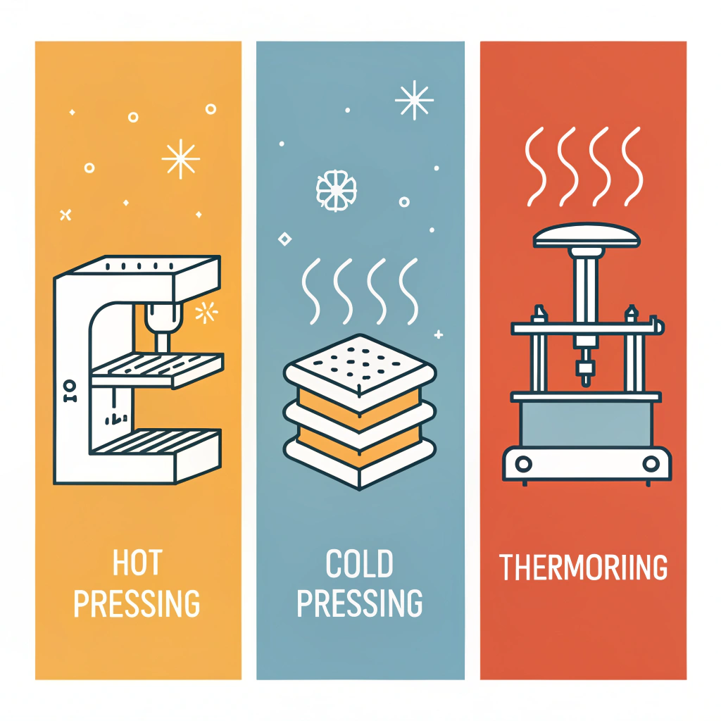 Minimalist illustration depicting three production techniques in distinct panels