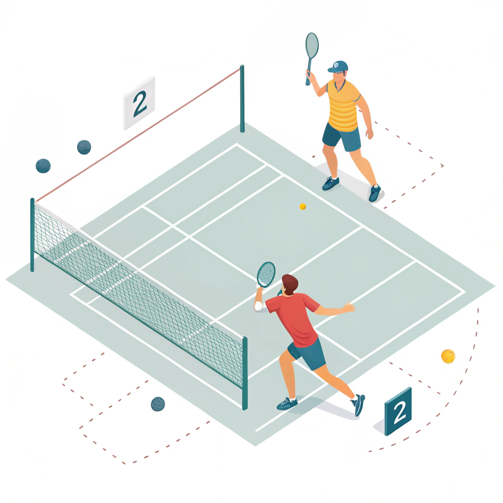 Flat minimalist illustration of a vibrant pickleball court with players and equipment.