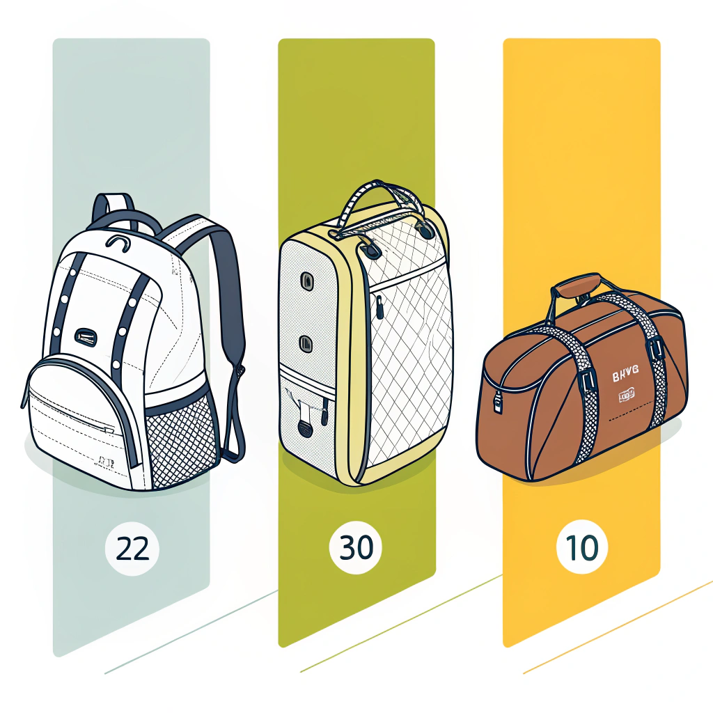 Flat 2D depiction of backpack, duffle bag, and daypack in a modern, minimalist style