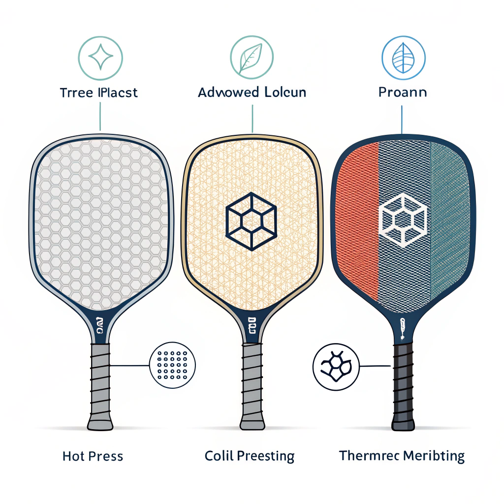 Minimal flat 2D illustration of three carbon fiber pickleball paddles with production icons