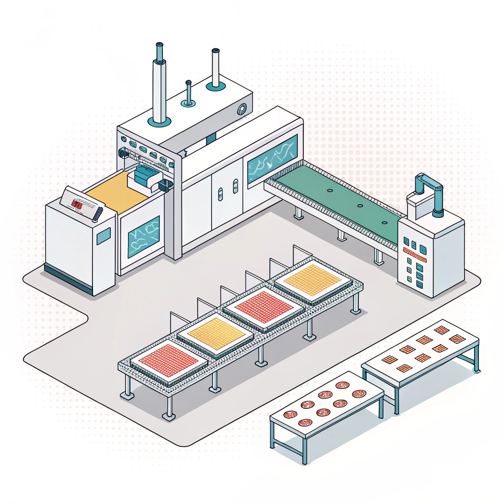 Minimalist 2D illustration of a modern facility producing pickleball paddles