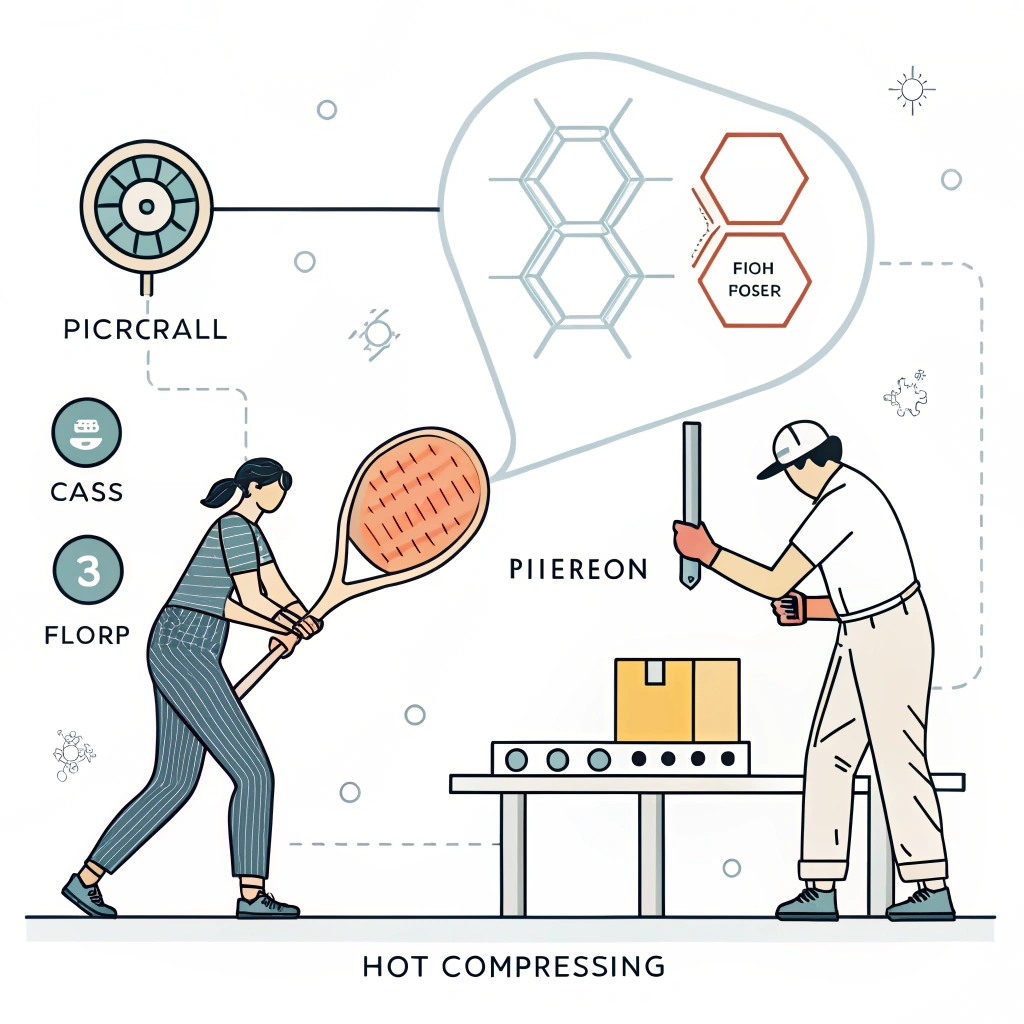 A clean 2D illustration depicting abstract pickleball paddle production with material elements