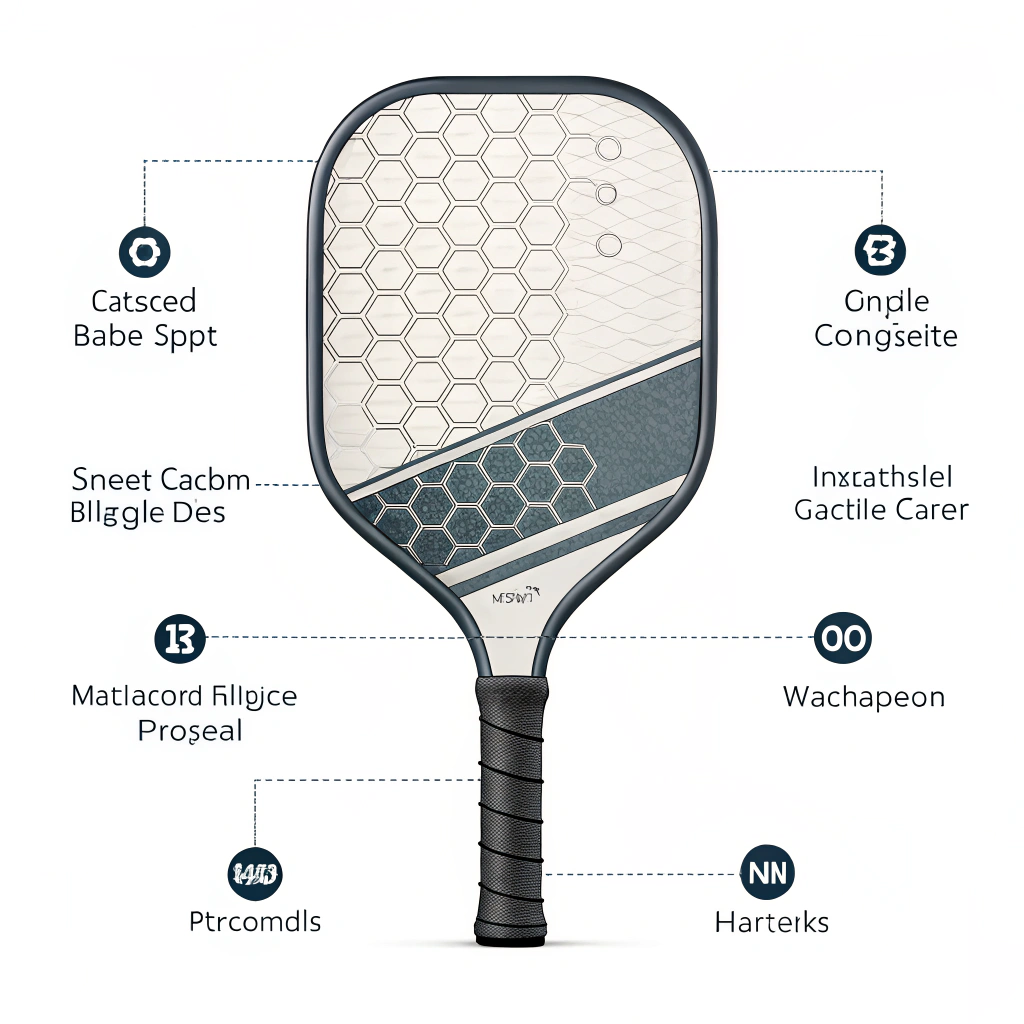Minimalist 2D illustration of a layered, high-tech pickleball paddle with highlighted sweet spot
