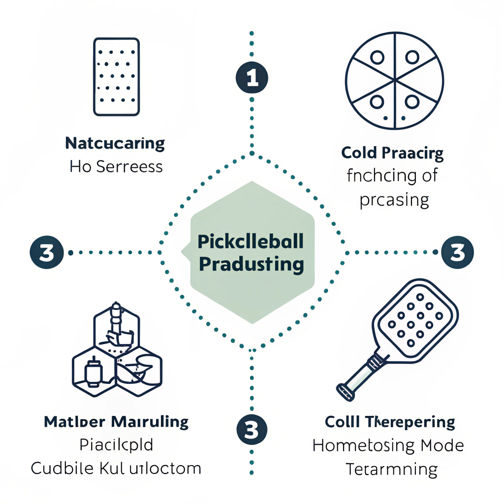 Minimalist illustration of three production processes for pickleball paddles in distinct panels