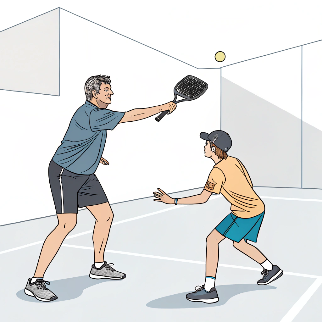 minimalist illustration of coach demonstrating a powerful pickleball serve with advanced paddle