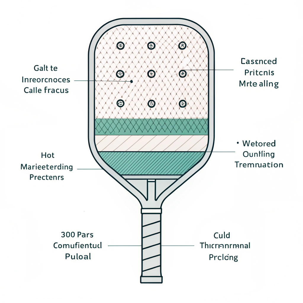 Minimalist flat diagram of a pickleball paddle cross-section showing layered materials and techniques.