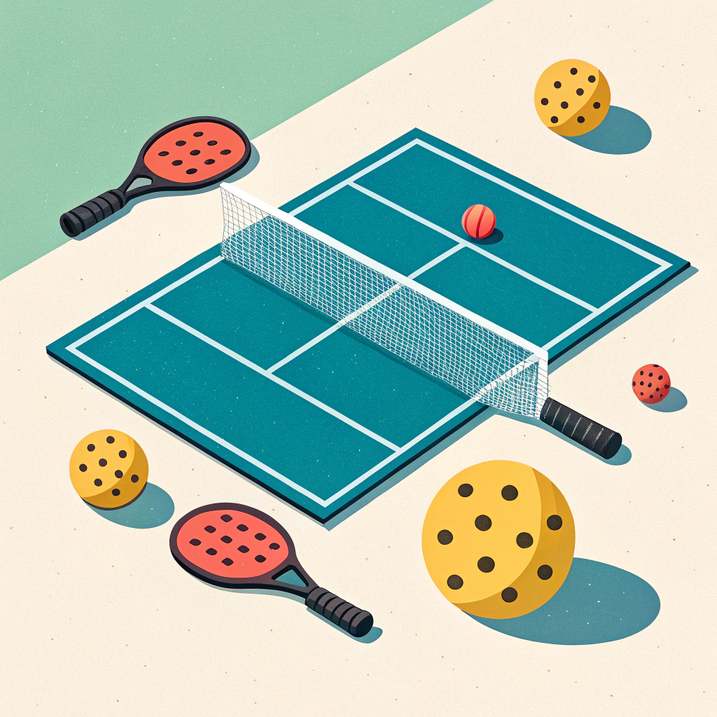 Minimalist illustration of a pickleball court with stylized paddles and a plastic ball in vibrant colors.