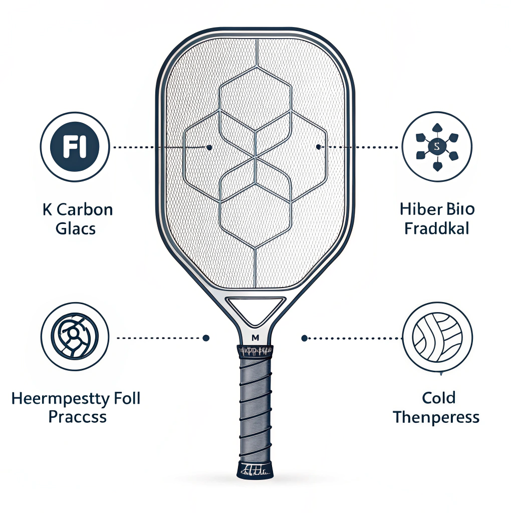 Minimalist 2D futuristic paddle with advanced composite design and abstract production symbols.