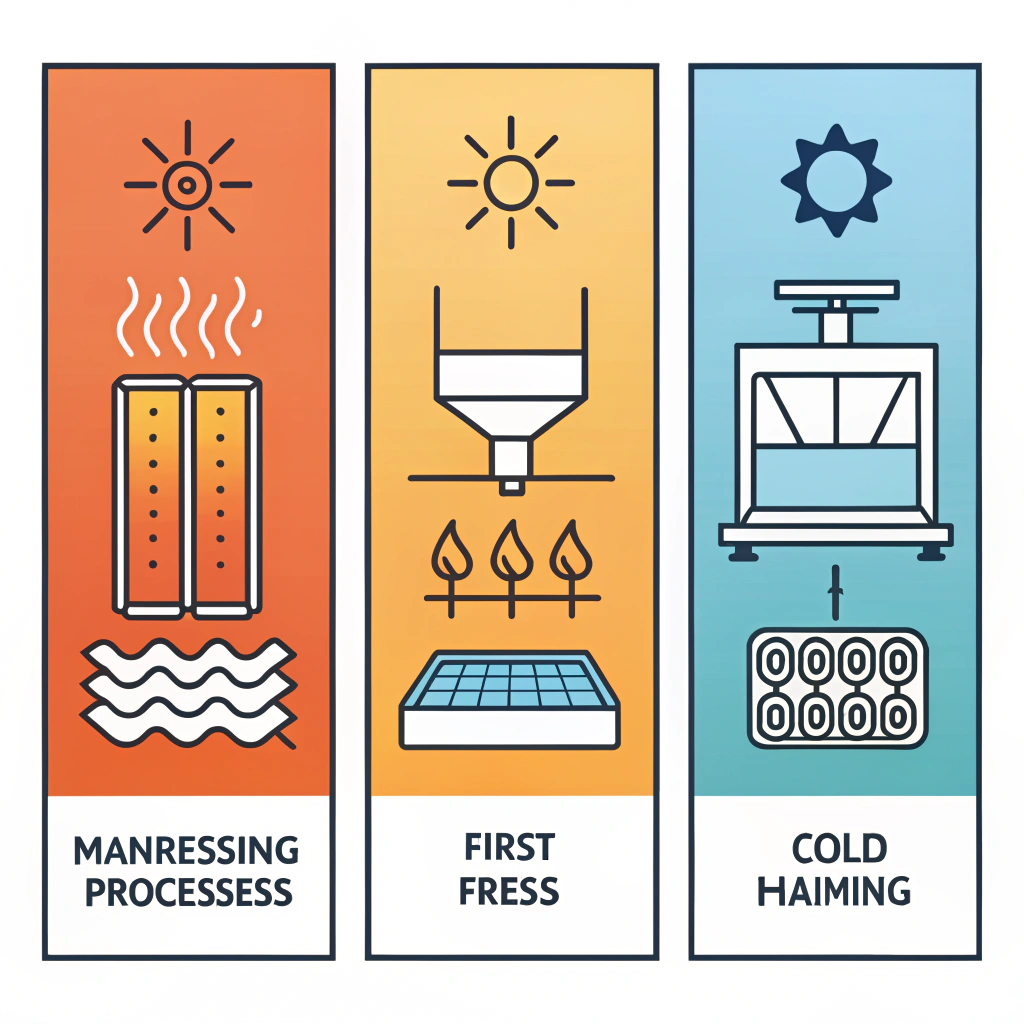 Minimal 2D illustration showing hot pressing, cold pressing, and thermoforming processes
