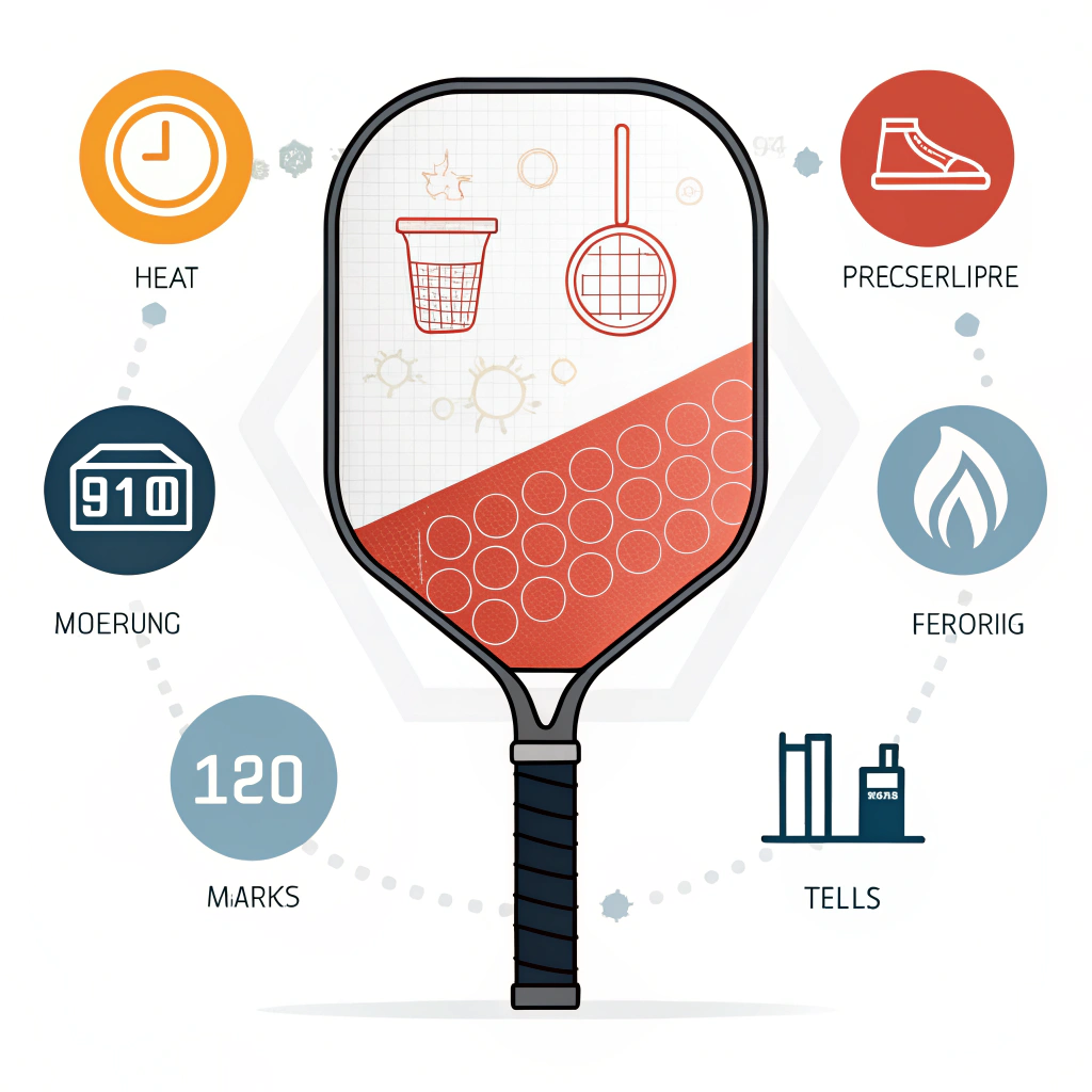 Minimalist 2D illustration of a composite pickleball paddle with high-tech production elements