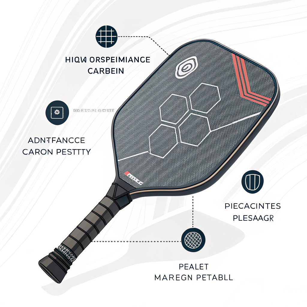 Minimalist 2D illustration of a carbon fiber pickleball paddle with abstract manufacturing elements