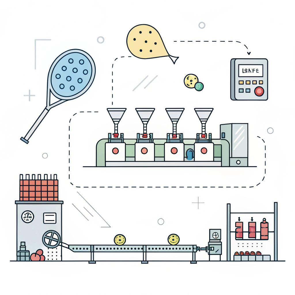 Minimalist flat illustration of advanced pickleball paddle manufacturing techniques