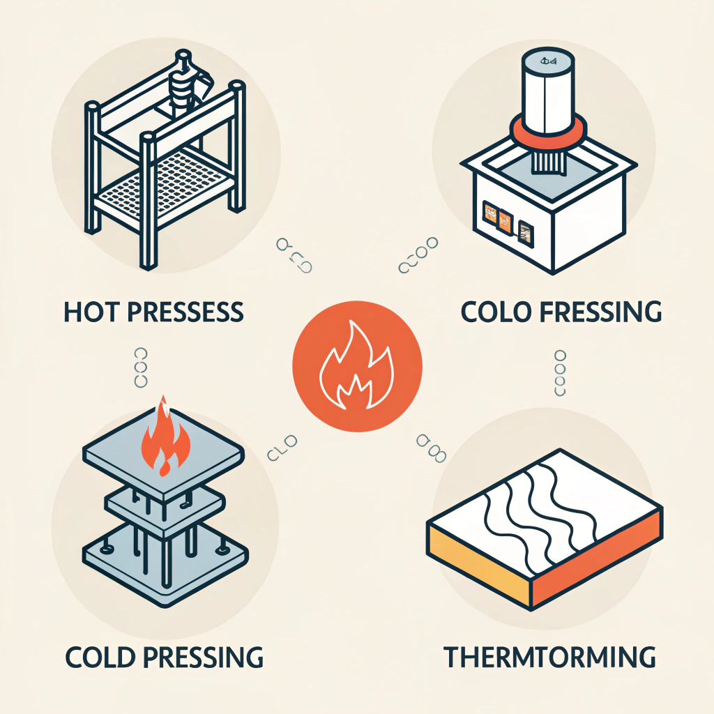 Minimal 2D illustration of three production processes in pickleball paddle manufacturing
