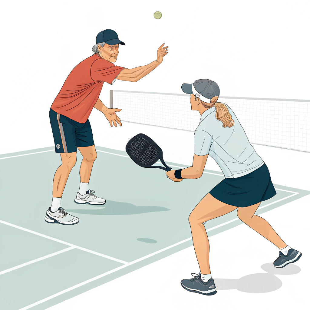 minimalist illustration of coach and player practicing a powerful serve with an advanced paddle