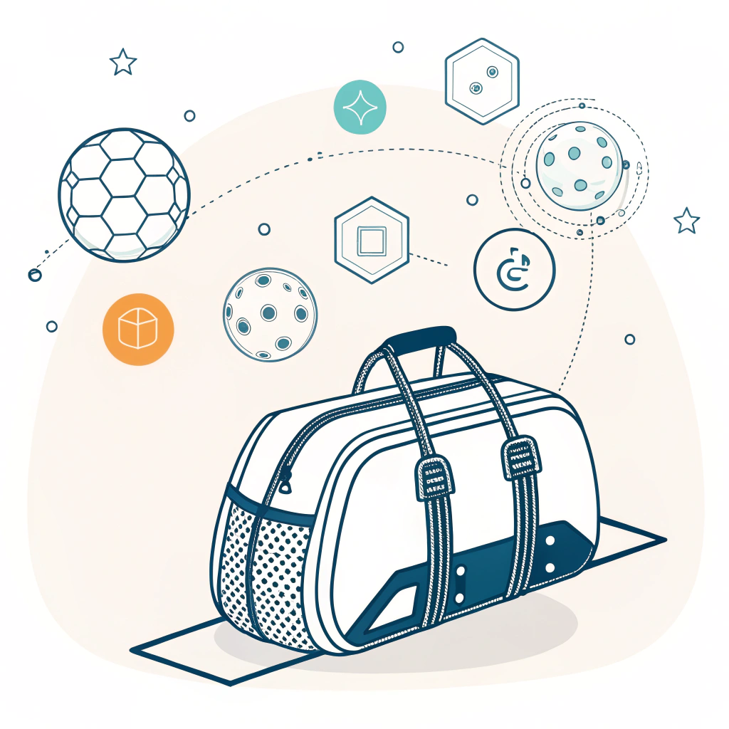 Flat design illustration of a pickleball bag with digital and futuristic elements.