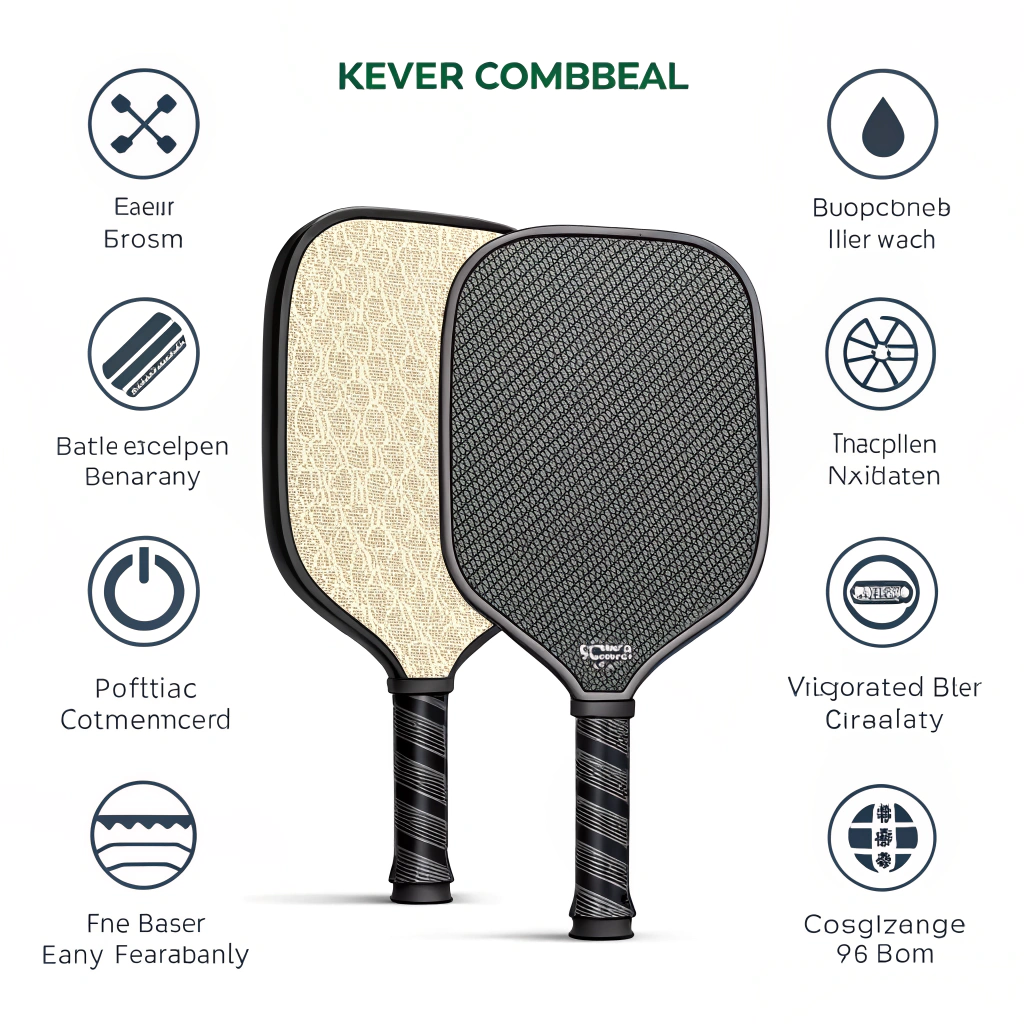 Minimal 2D illustration comparing traditional and Kevlar composite pickleball paddles with performance icons.