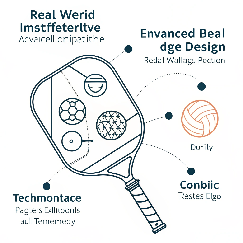 Minimalist 2D illustration of innovative pickleball paddle design and performance impact