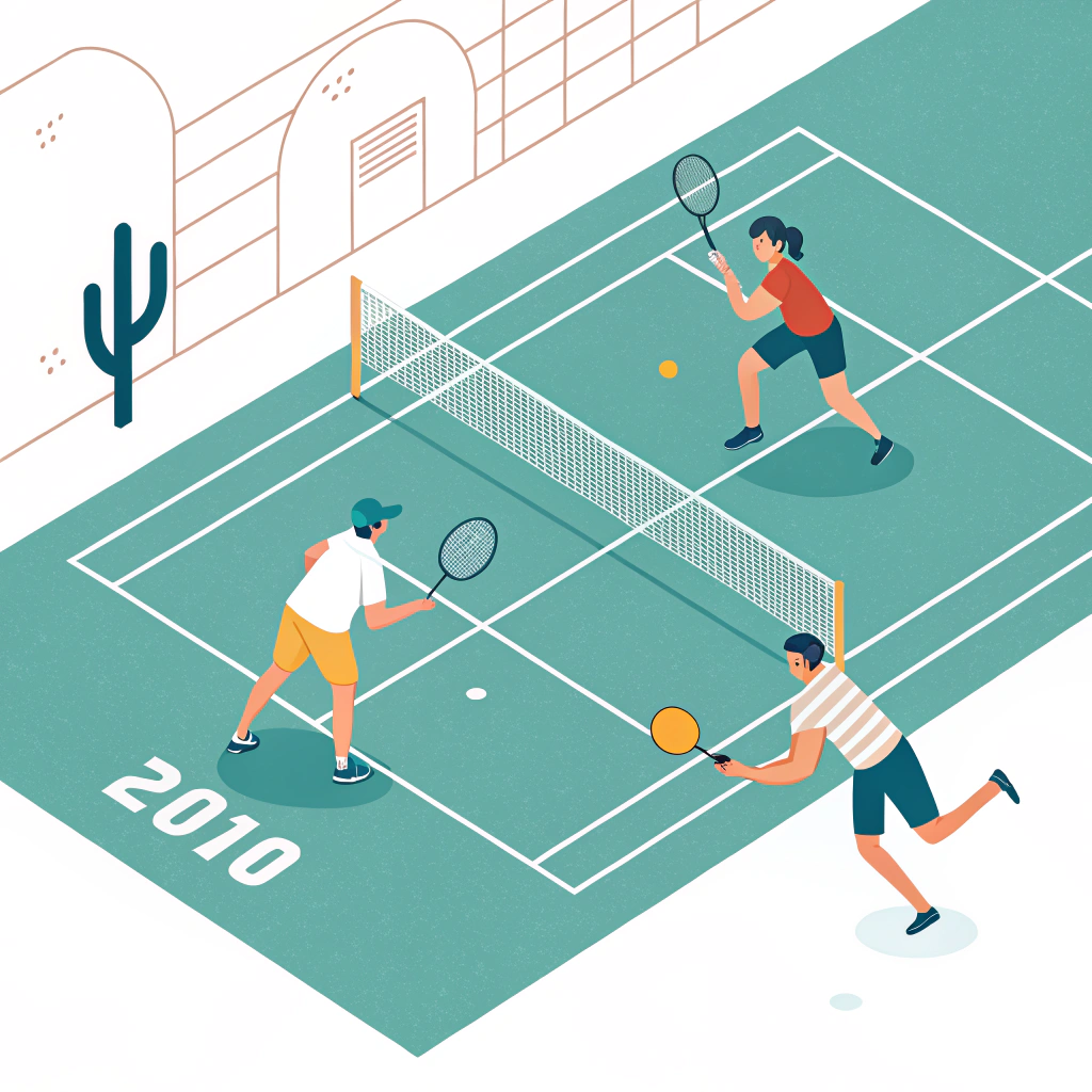 "Minimalist artwork showing active pickleball gameplay with moving players."
