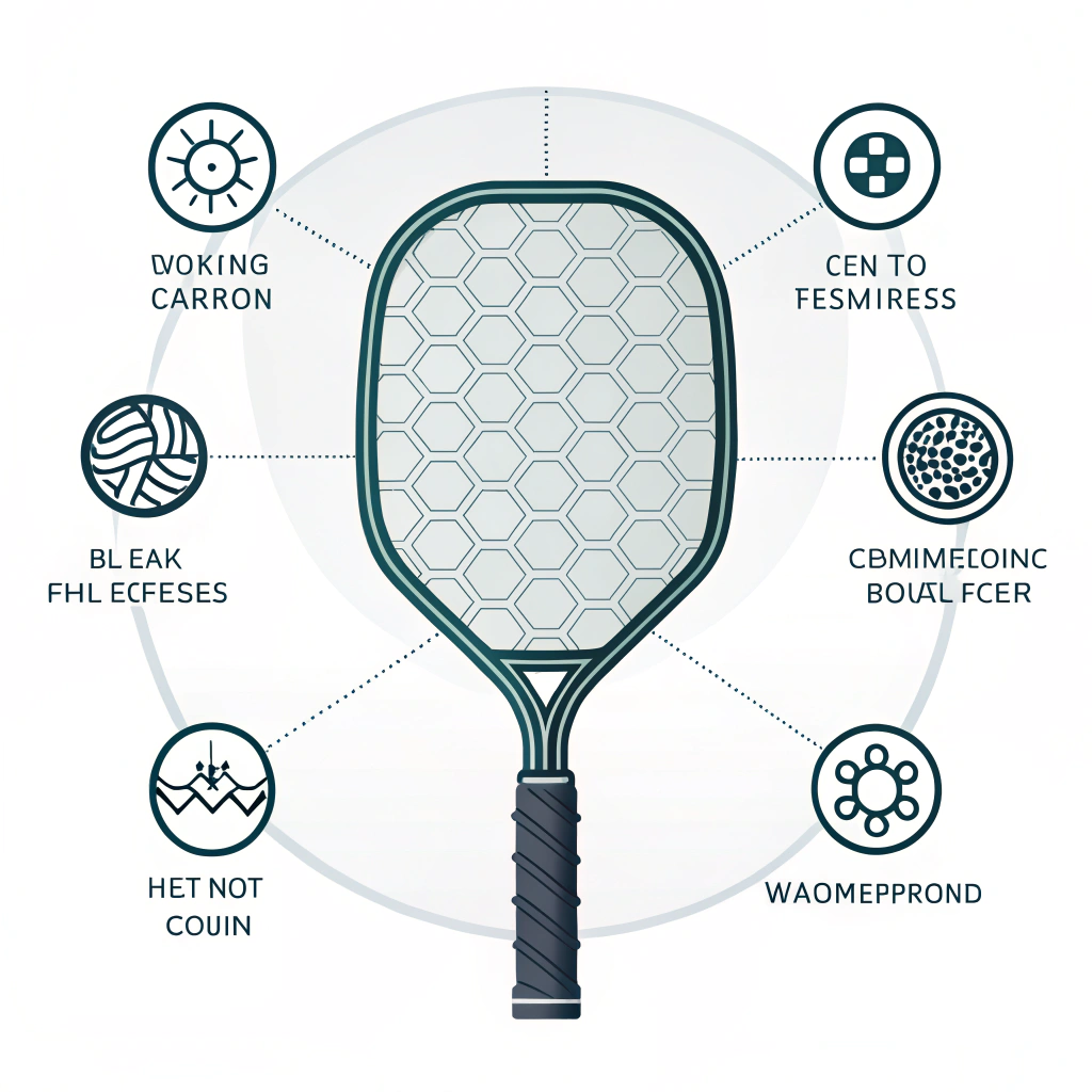 Minimal illustration of a sleek pickleball paddle with abstract manufacturing symbols.