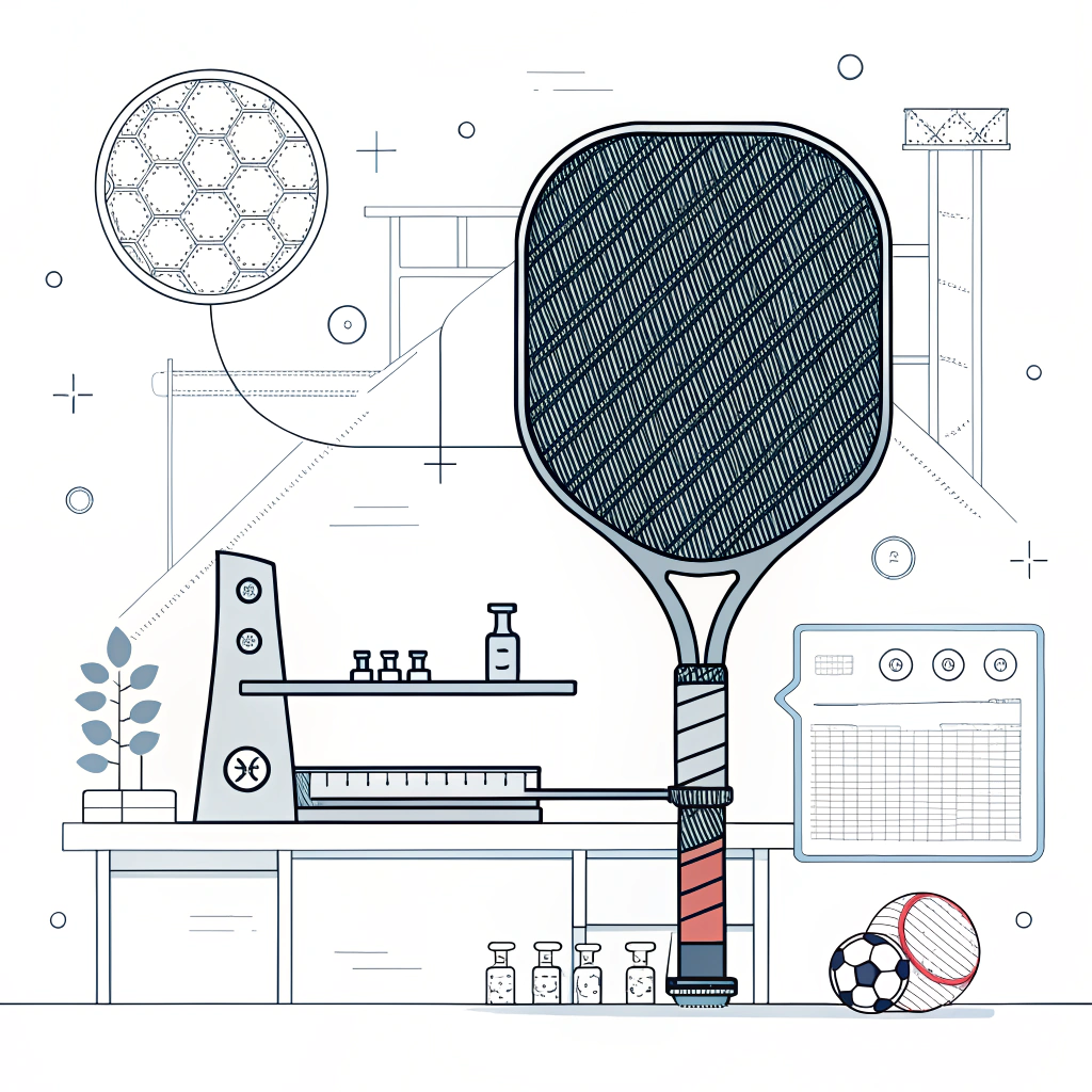 Minimalist illustration of a futuristic carbon fiber pickleball paddle in production