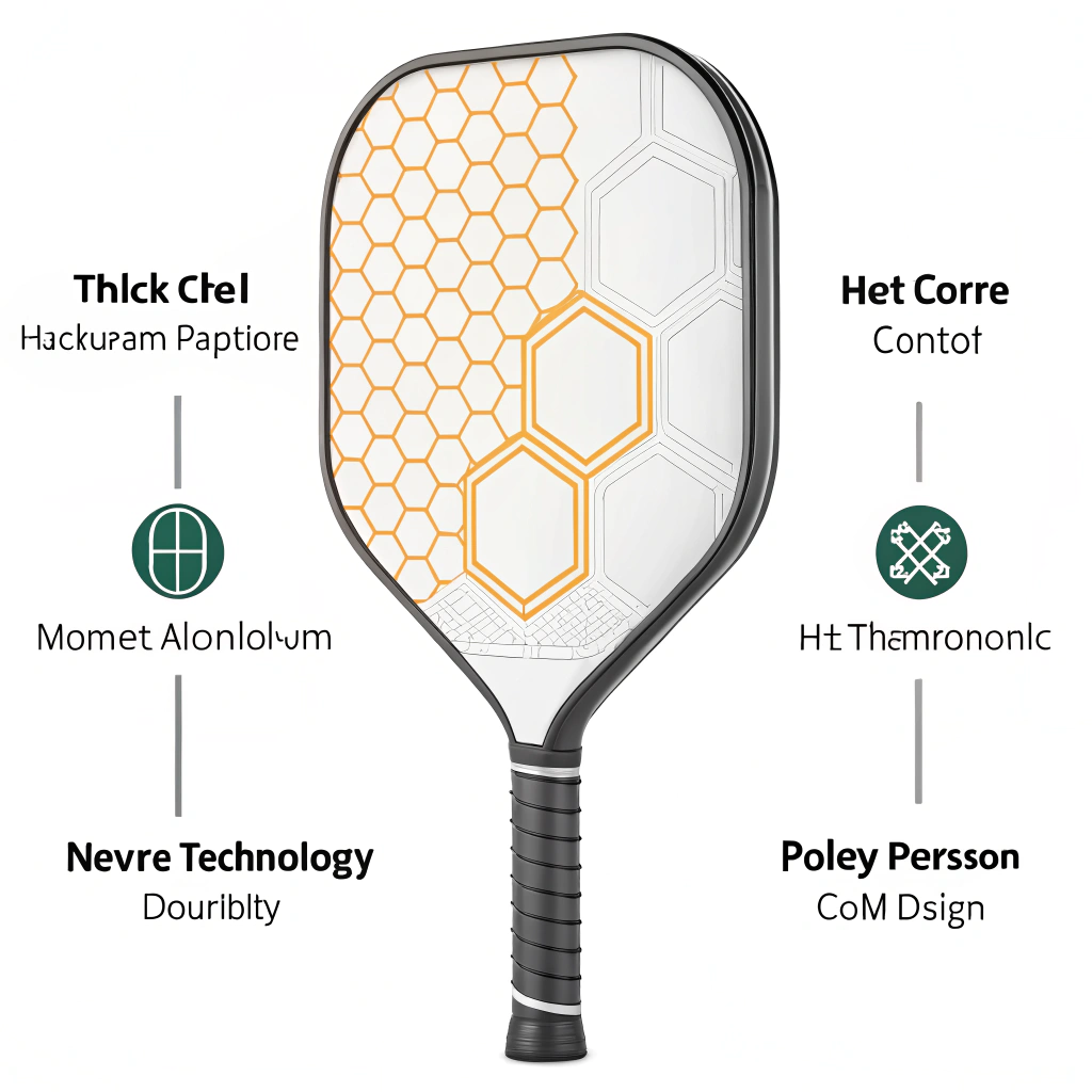 Minimalist illustration of a pickleball paddle cross-section with honeycomb core details.