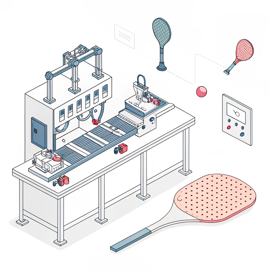 Minimal flat illustration of automated pickleball paddle production.