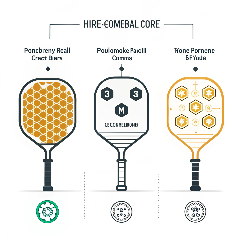 Minimalist illustration comparing three honeycomb core designs in a pickleball paddle.