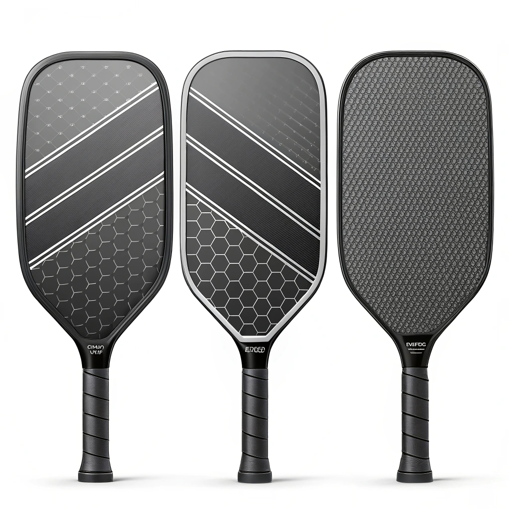Minimal 2D illustration of a pickleball paddle with abstract carbon fiber textures.