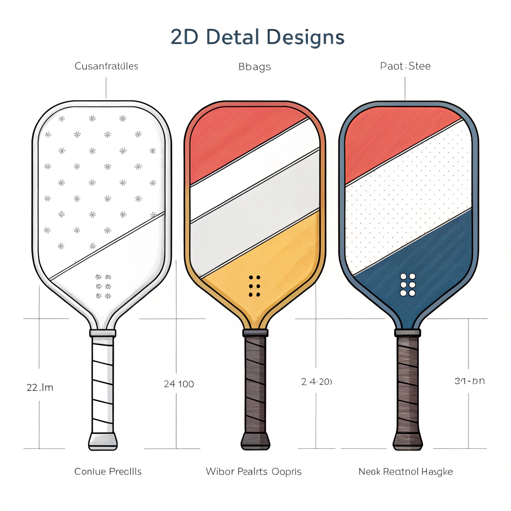 Minimalistic illustration of varied customizable pickleball paddle designs